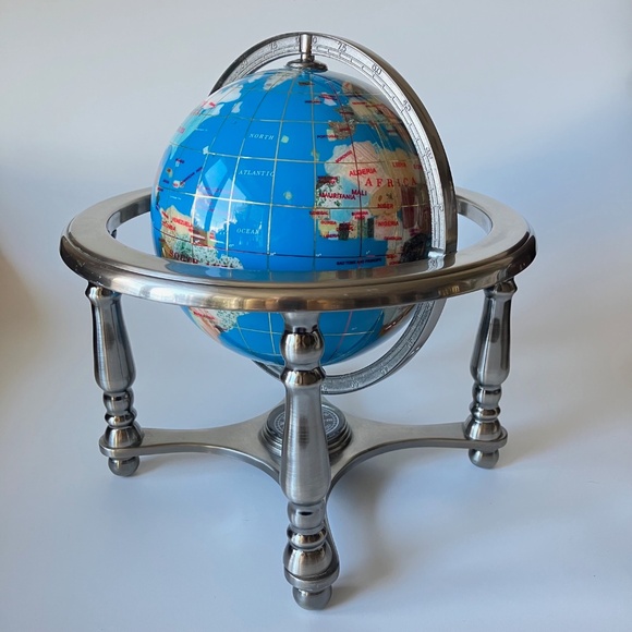 Vintage Gemstones World Globe: Lapis Lazuli Ocean, Silver Metal Stand, Compass - Picture 12 of 17